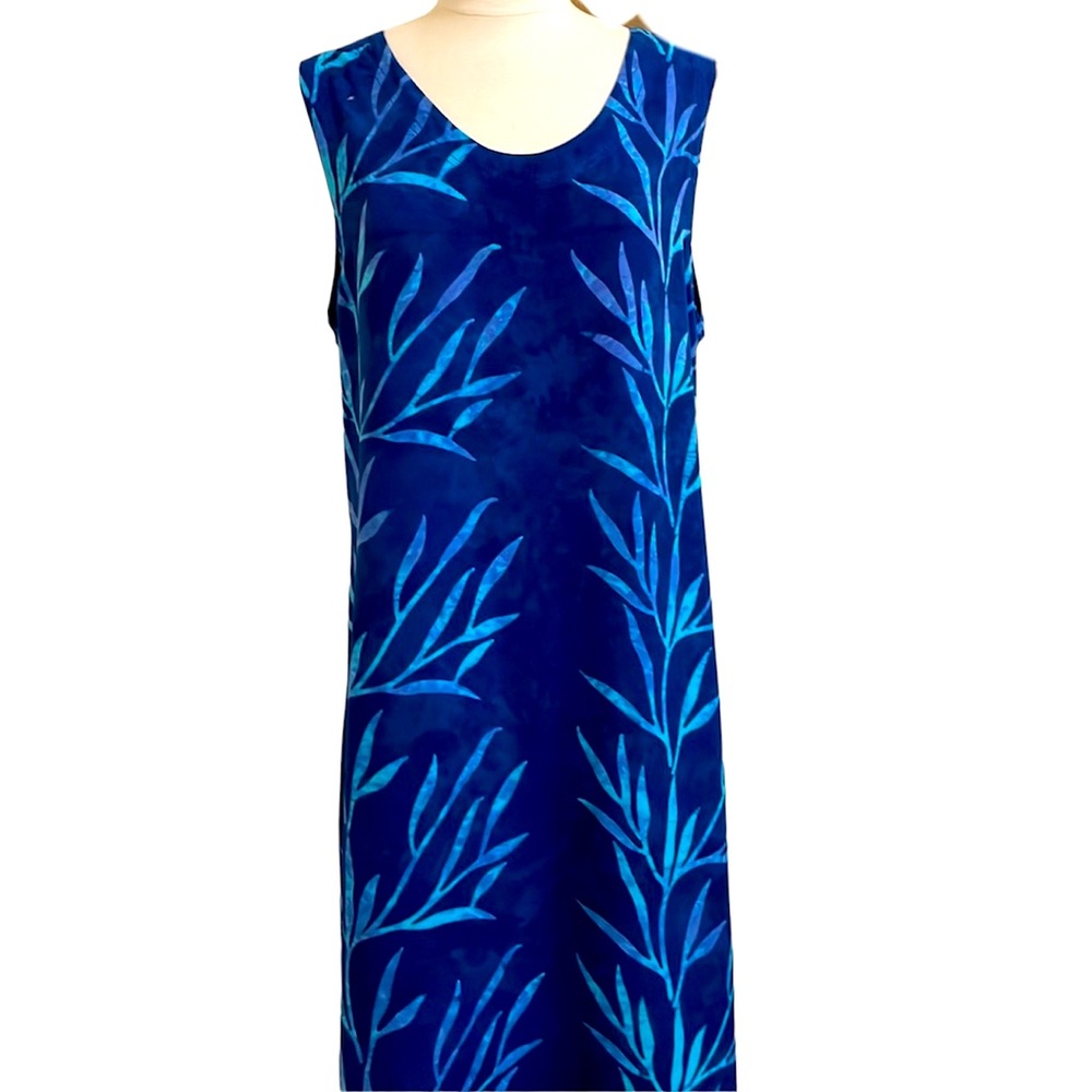 VINTAGE DEL SOLE 90s Blue Tank Midi Dress Batik Leaf Print Size Medium